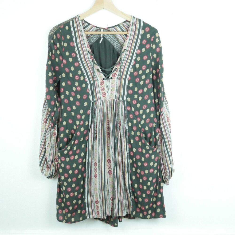 Free People XS Dress Mini Tunic Boho Hippy Crochet Western Festival Mixed Media